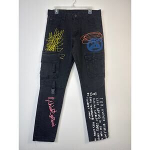 Kloud 9 Slim Straight Jeans Black Paint Embroidered Stretch Men 34x30 Grunge